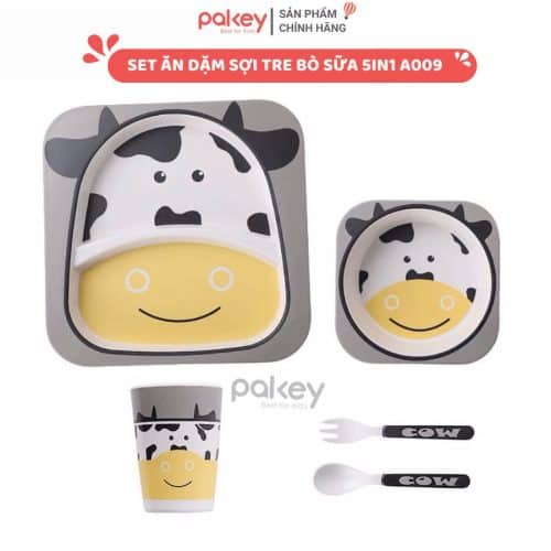 Set ăn dặm sợi tre 5 món hình bò sữa có hoạ tiết ngộ nghĩnh, thích hợp cho quá trình ăn dặm của bé