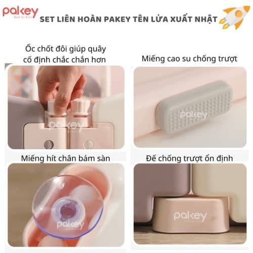 Quây cũi liên hoàn Tên Lửa 5 tiện ích 12 Quây gồm có: tấm quây nhỏ, tấm cửa, tấm đồ chơi, các khớp nối thanh chắn, đế cao su, đế hút chân không chốt dưới