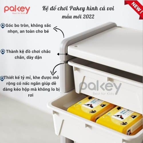 Kệ để đồ cho bé Pakey hình cá voi ngộ nghĩnh có thiết kế đa năng, cấu trúc chắc chắn, màu sắc nhẹ nhàng và chất liệu nhựa thân thiện