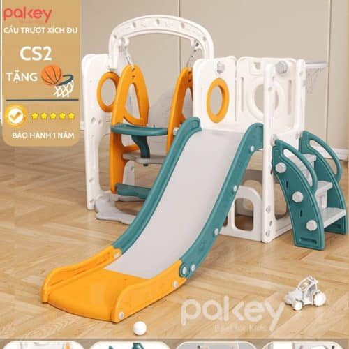 Set xích đu cầu trượt cho bé CS2 tích hợp các set trò chơi như: Cầu trượt, xích đu, cột bóng rổ, khu vưc chờ trượt rộng an toàn