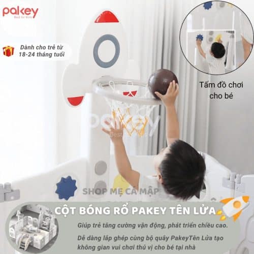 Quây cũi liên hoàn Tên Lửa 5 tiện ích 15 Cột bóng rổ được lắp ở thanh dọc của tấm đồ chơi giúp trẻ tăng cường vận động, phát triển chiều cao