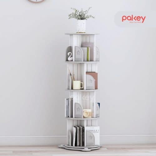 Với hình dạng tròn và khung xoay linh hoạt, người dùng có thể dễ dàng quay kệ sách để tìm kiếm và chọn sách muốn đọc.