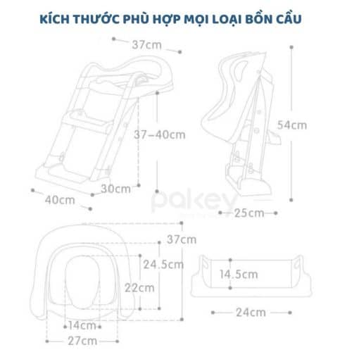 Thiết kế thang bô cho bé đều phù hợp với các kích thước các loại bồn cầu, có thể gấp gọn tiện lợi và điều chỉnh được thích hợp với từng độ tuổi của bé