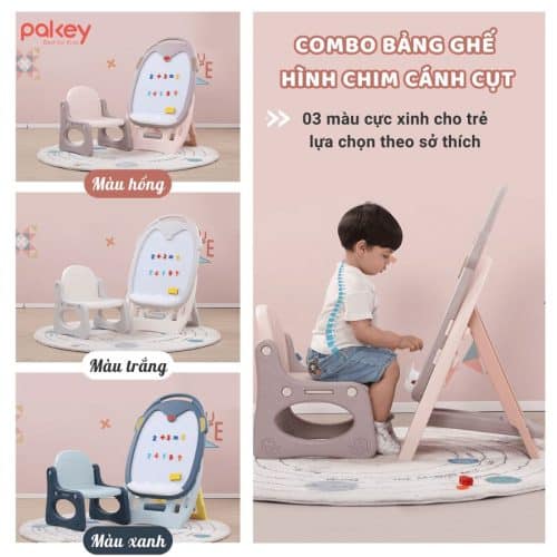 Bộ bảng vẽ cho bé kèm ghế Pakey Chim Cánh Cụt 11 Bảng học thông minh chim cánh cụt Pakey sở hữu thiết kế 3 màu: Hồng, trắng, xanh