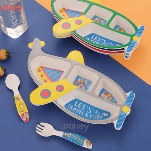 Set ăn dặm sợi tre 3 món B007 có 3 phân loại màu gồm: Máy bay xanh dương đậm, máy bay ghi, máy bay đỏ