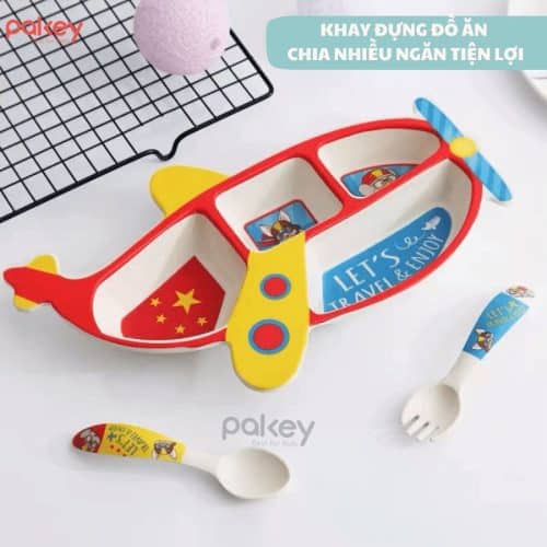 Set ăn dặm sợi tre cho bé hình máy bay đỏ
