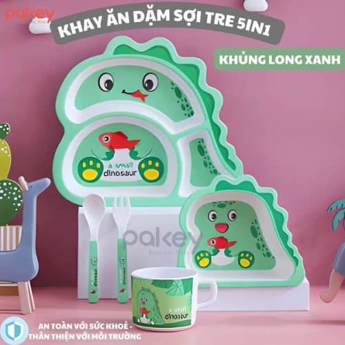 Set ăn dặm sợi tre 5 món A022 25 Khay ăn dặm sợi tre hoạ tiết khủng long xanh ngộ nghĩnh cho bé