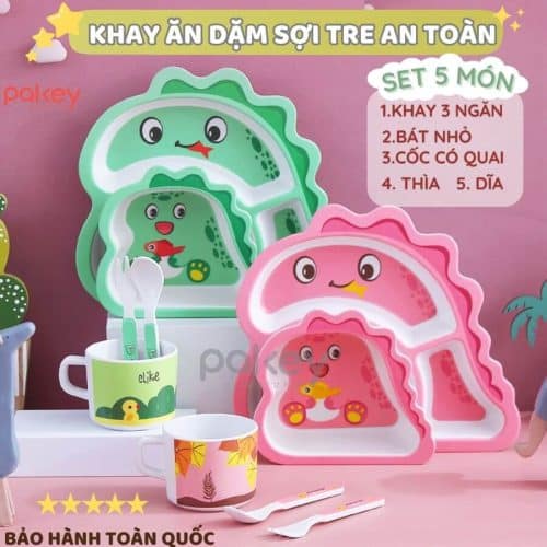 Set ăn dặm sợi tre 5 món A022 24 Set ăn dặm có thể chịu nhiệt từ -15 độ đến 120 độ. Nhưng các mẹ hãy lưu ý không sử dụng bát ăn dặm với lò vi sóng