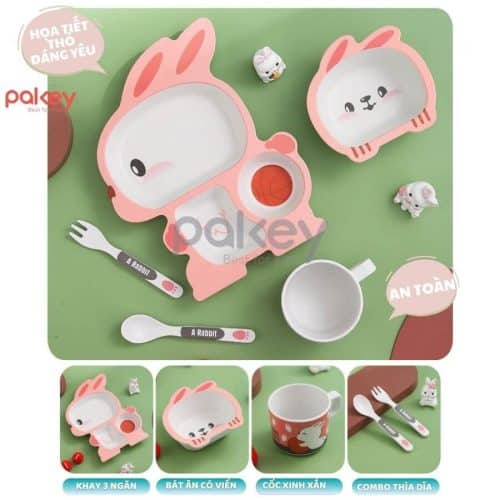 Set ăn dặm sợi tre 5 món A031 21 Set ăn dặm 5 món có hoạ tiết hình thỏ hồng ngộ nghĩnh, bắt mắt, dễ thu hút các bé vào bữa nhanh hơn
