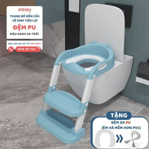 Sản phẩm thang bô cho bé bao gồm phần nắp bồn cầu, 1 bậc thang cho bé để chân và 1 bậc thang cho bé chống trượt