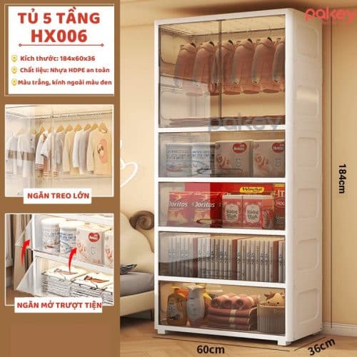 Tủ nhựa HX006 5 tầng cao cấp có đặc điểm nổi bật với cánh tủ trong suốt kết hợp thao tác trượt dễ dàng