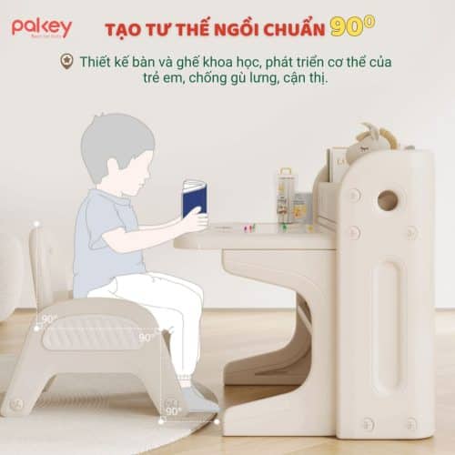 Bàn và ghế được thiết kế khoa học, rèn cho bé tư thế ngồi chuẩn chống gù lưng, cận thị