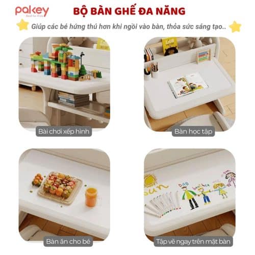 Một bộ bàn ghế có thể đảm nhận nhiều công năng khác nhau như: học tập, tô vẽ, sáng tạo, vui chơi, ăn uống,...