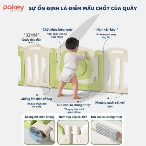 Quây cũi nhựa gấp gọn Pakey Ếch Xanh 19 Kết cấu ổn định, vững chãi không rung lắc nhờ chốt khóa an toàn