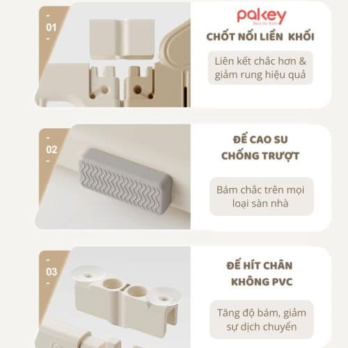 Chốt khóa nối liền kết hợp với đế chống trượt và đế hút chân không giúp quây ổn định, không bị rung lắc