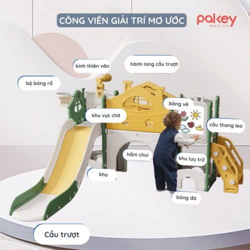 Bộ cầu trượt liên hoàn Pakey CS03 mang đến cho bé yêu không gian vui chơi đa dạng như một công viên thu nhỏ