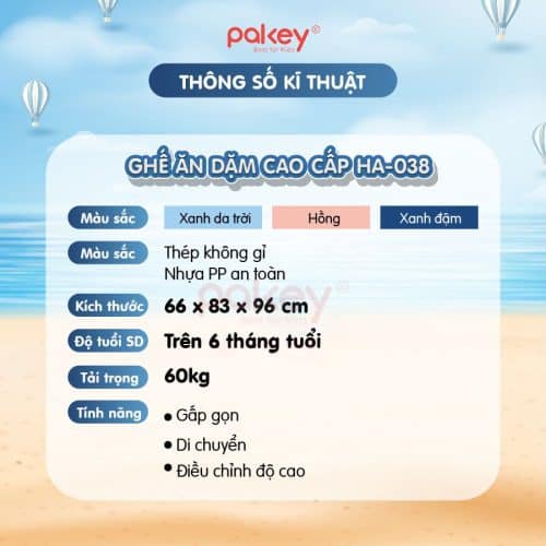 Thông số kỹ thuật tổng quát của ghế ăn dặm cho bé Pakey HA-038