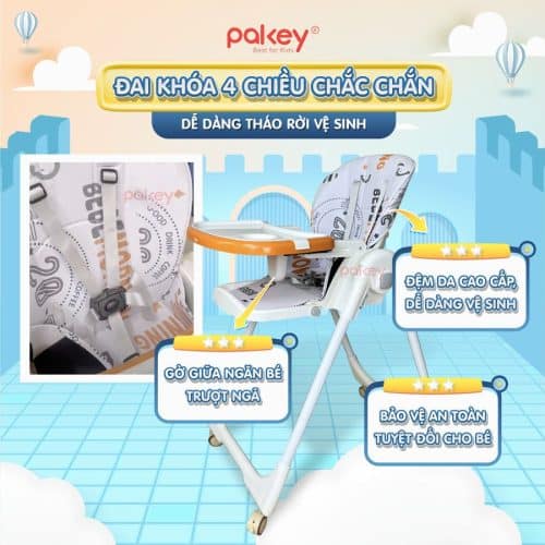 Ghế ăn dặm cao cấp Pakey HA-013 13 Đai khóa 4 chiều với 5 điểm cố định an toàn, chắc chắn
