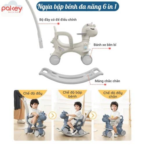 Bé có thể thay đổi linh hoạt giữa nhiều công năng khác nhau như: ngựa bập bênh, ngựa chòi chân, xe đẩy,...