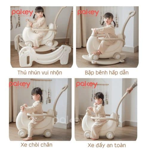 Bé có thể sử dụng như: ngựa bập bênh, xe chòi chân, thú nhún, xe đẩy an toàn