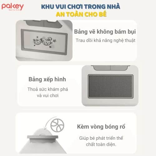 Bộ quây Pakey Full House đi kèm với rất nhiều phụ kiện, đồ chơi như túi cao su, bảng 2 mặt, vòng bóng rổ