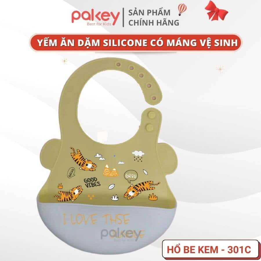Yếm Silicon Có máng - Be kem họa tiết hổ