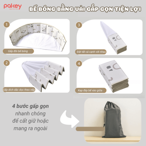 Bể bóng vải Pakey tròn màu be, có họa tiết 16 Bể bóng không cần bơm, thuận tiện mang theo khi di chuyển