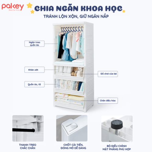 Ngăn trên cùng rộng và có móc treo thích hợp để treo quần áo