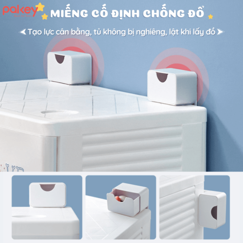 Tủ nhựa cho bé có miếng dán cố định tủ vào tường để tăng độ chắc chắn, không bị lật