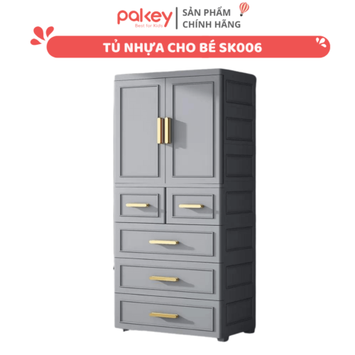 Tủ nhựa cho bé Pakey SK006 có thiết kế đơn giản theo phong cách hiện đại, tinh tế, sang trọng với tay nắm kim loại màu vàng