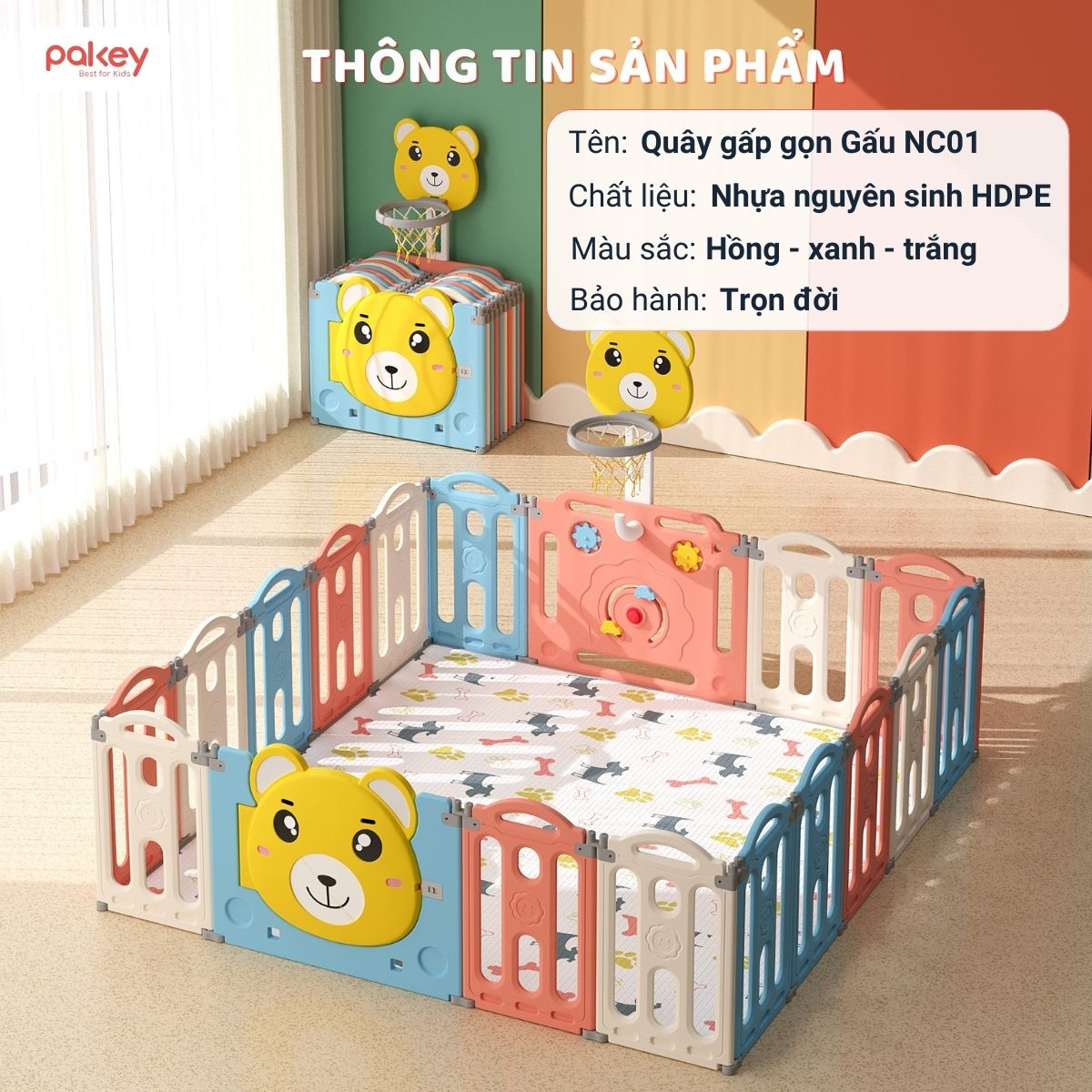 Quây cũi nhựa gấp gọn Pakey gấu NC01