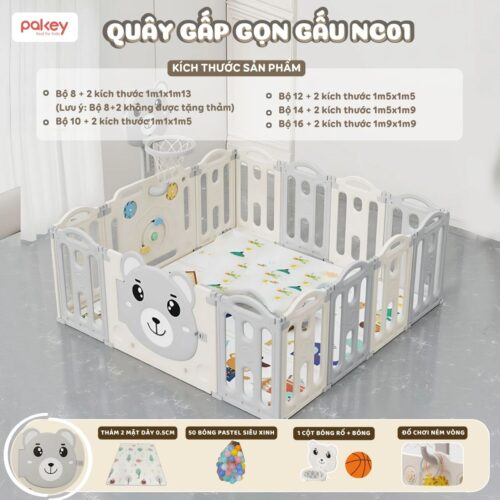 Quây cũi nhựa cho bé Pakey gấu NC01 màu ghi trắng