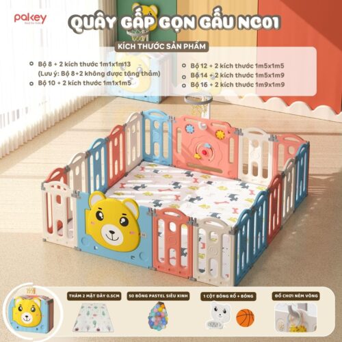 Quây cũi nhựa gấp gọn Pakey gấu NC01 26 Quây cũi nhựa cho bé Pakey gấu NC01 màu hồng xanh trắng