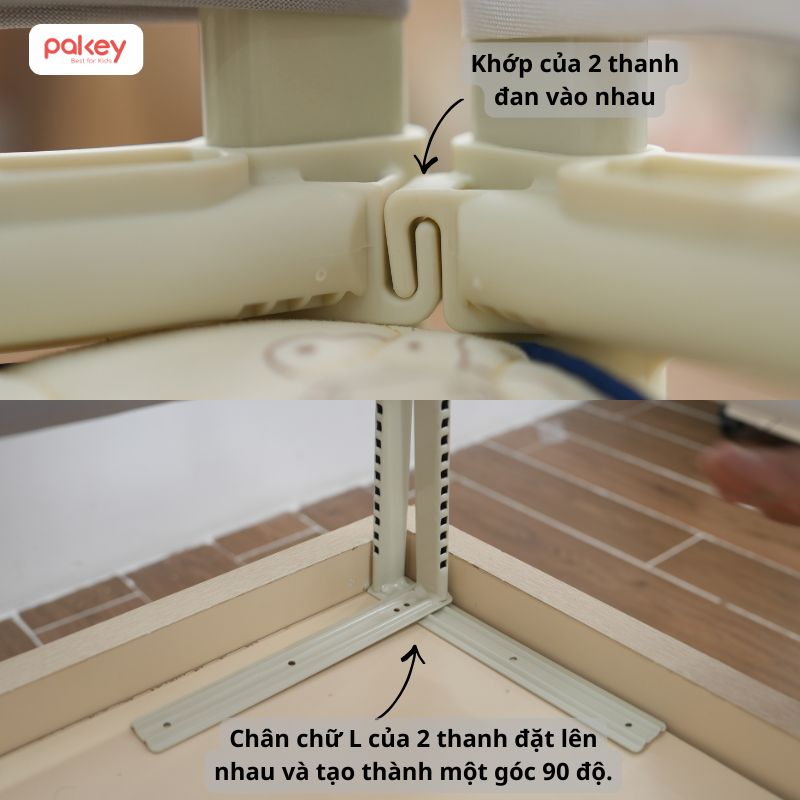 Lắp từ 2 thanh chắn, ba mẹ chú ý phần chân chữ L và khớp nối giữa 2 thanh