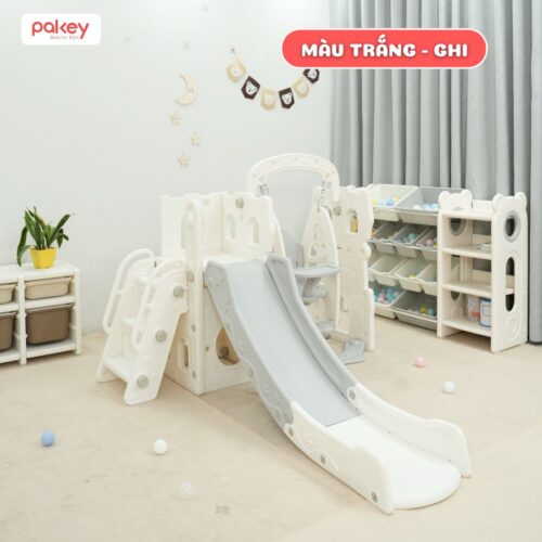 Cầu trượt xích đu Bigsize máng dài 2m Pakey P-CS07 màu trắng ghi