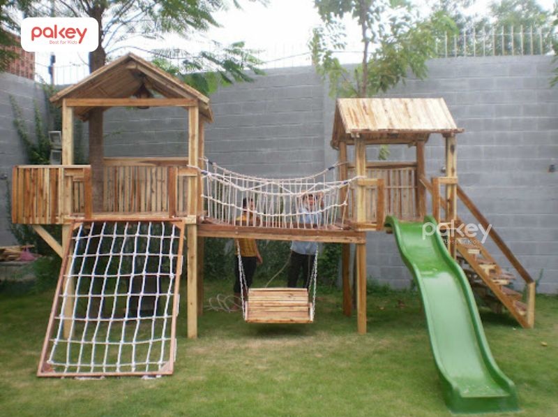 Kinh nghiệm chọn cầu trượt gỗ cho bé an toàn, tiết kiệm 10 Cầu trượt gỗ tích hợp khung leo
