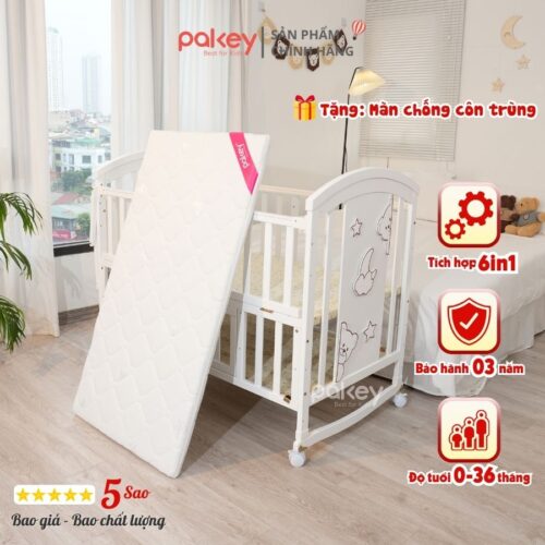 Combo nôi cũi gỗ Pakey CG03 + ga nệm xơ dừa