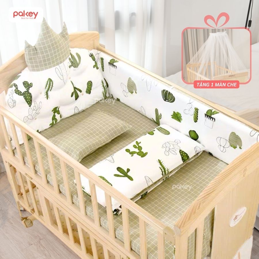 Nôi cũi + nệm xơ dừa + bộ ga xương rồng
