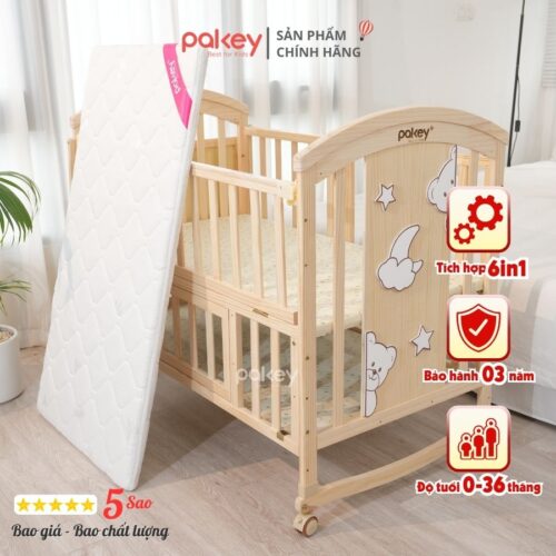 Combo nôi cũi gỗ Pakey CG02 + ga nệm xơ dừa