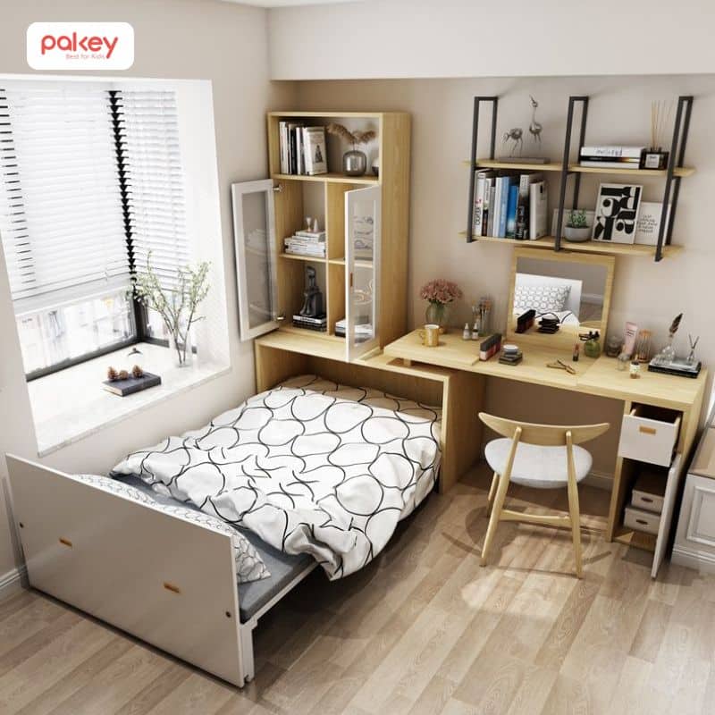 35+ mẫu giường kèm giá sách cho bé thông minh, đẹp nhất 2025 34 Giường kèm kệ sách cho bé