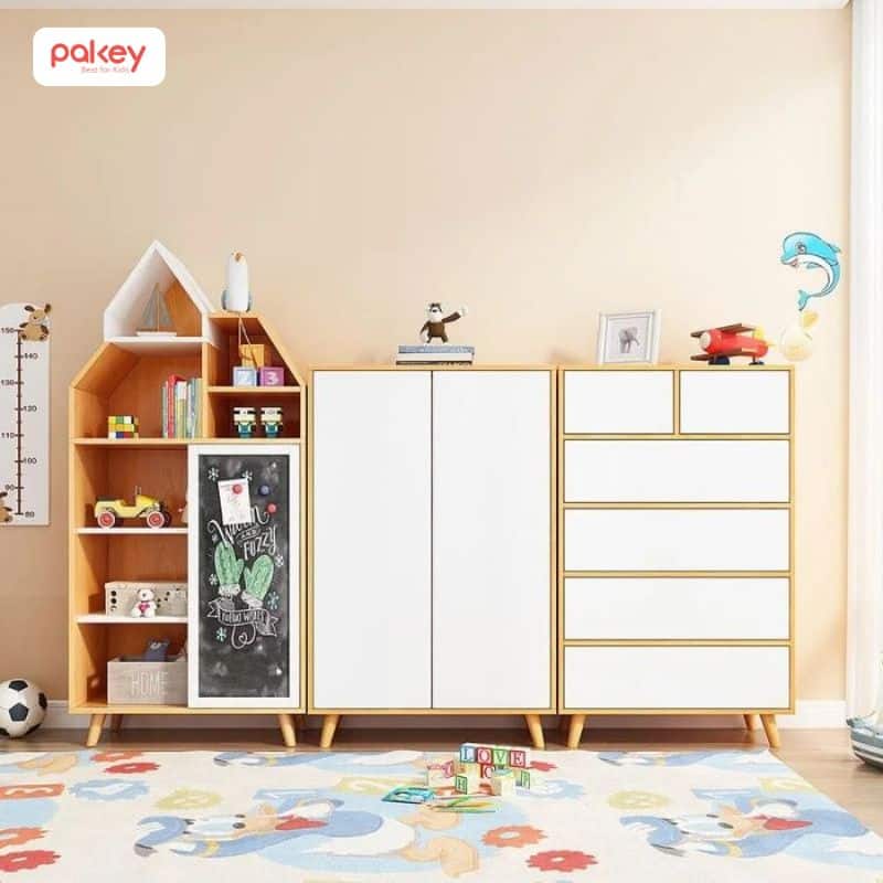 Kinh nghiệm chọn kệ sách gỗ cho bé phù hợp theo từng độ tuổi 9 Kệ sách kết hợp tủ đựng đồ cho bé bằn gỗ công nghiệp