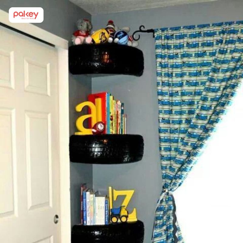 tự làm kệ đồ chơi cho bé bằng lốp xe