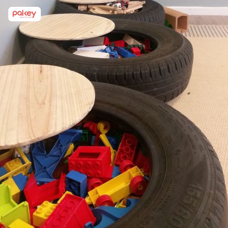 tự làm kệ đồ chơi cho bé bằng lốp xe