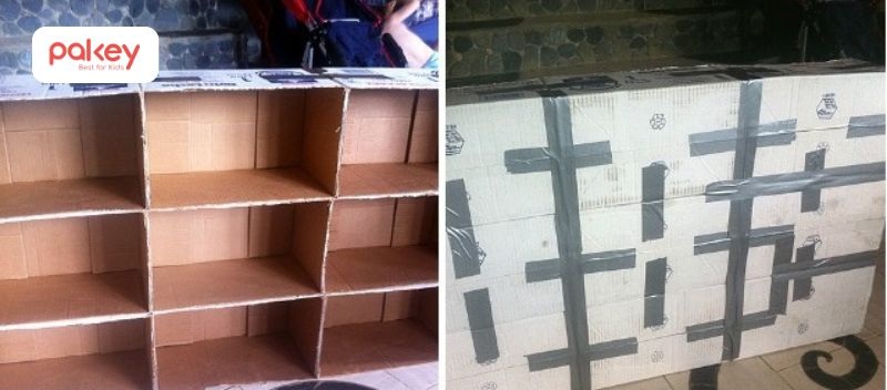 tự làm kệ đồ chơi cho bé bằng bìa carton