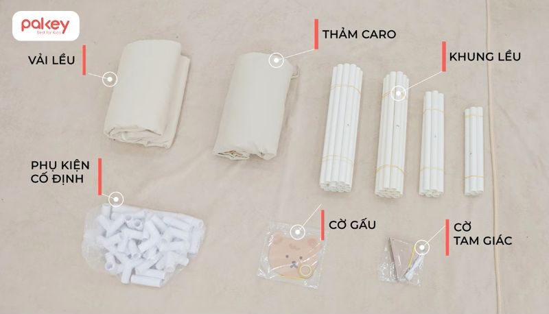 Hướng dẫn chi tiết cách dựng lều vải cho bé cực đơn giản 6 Một bộ lều vải Pakey bao gồm 6 loại phụ kiện cơ bản