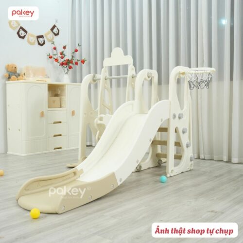 Bộ cầu trượt xích đu trắng - nâu Pakey P-CS08