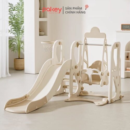 Bộ cầu trượt xích đu trắng - nâu Pakey P-CS08