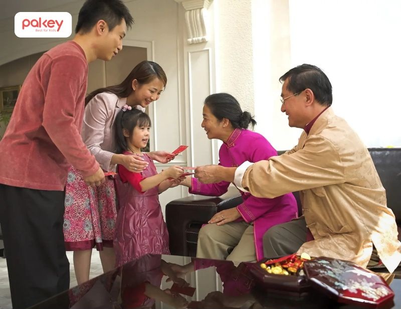 Nhận lì xì bằng hai tay, kèm theo lời chúc và lời cảm ơn