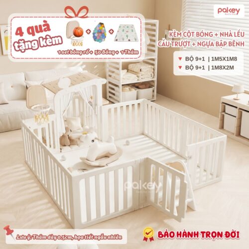 Combo quây cũi Pakey Babyhome NC02 (có lều) + cầu trượt + ngựa bập bênh