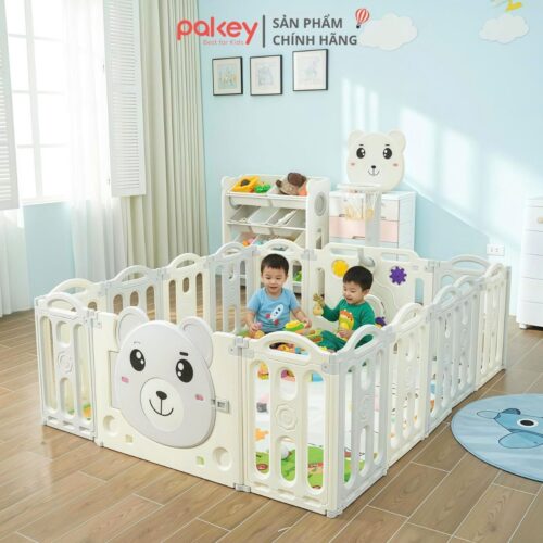 Quây cũi nhựa gấp gọn Pakey gấu NC01 màu ghi-trắng